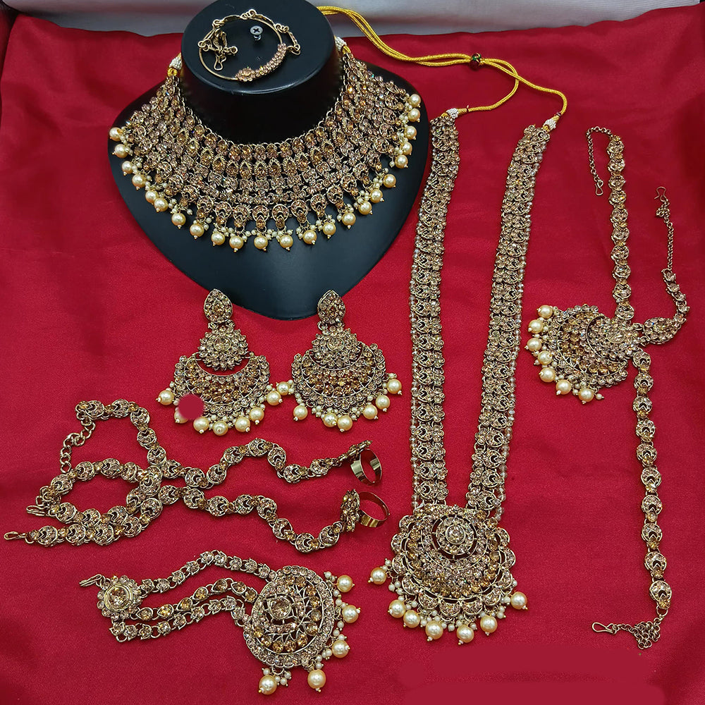 Lucentarts Gold Plated Crystal Stone And Beads Bridal Set