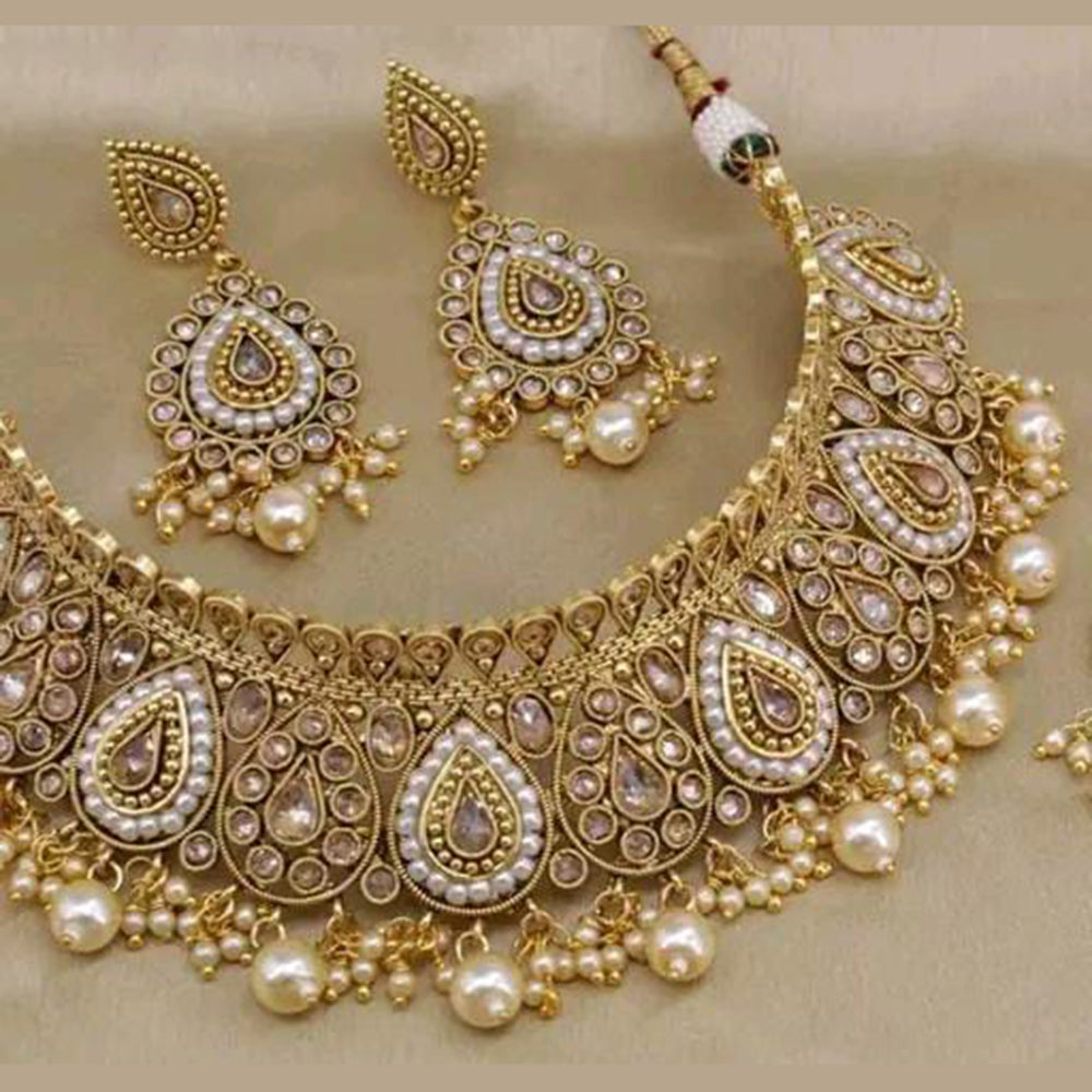 Sai Fashion Crystal Stone And Pearl Choker Necklace Set