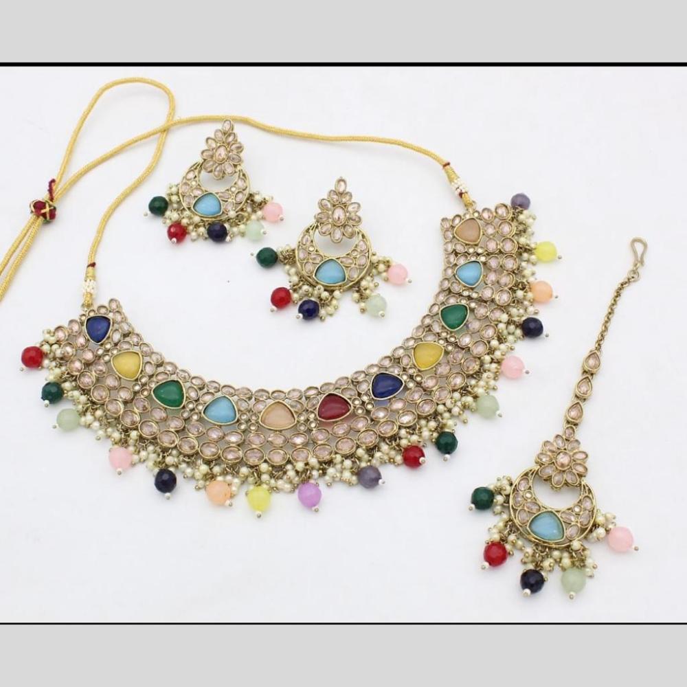 Sai Fashion Gold Plated Crystal Stone And Pearls Choker Necklace Set