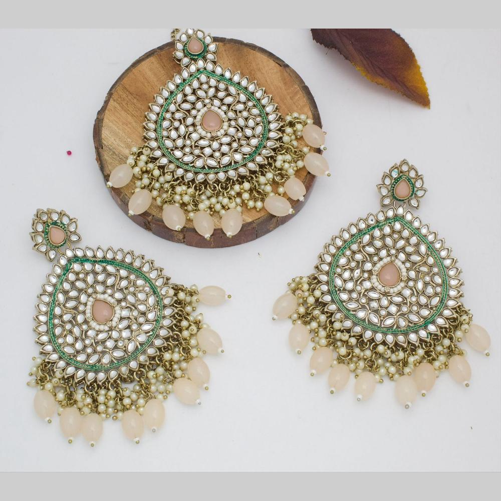 Sai Fashion Gold Plated Kundan Stone  And Pearls  Earrings With Maangtikka