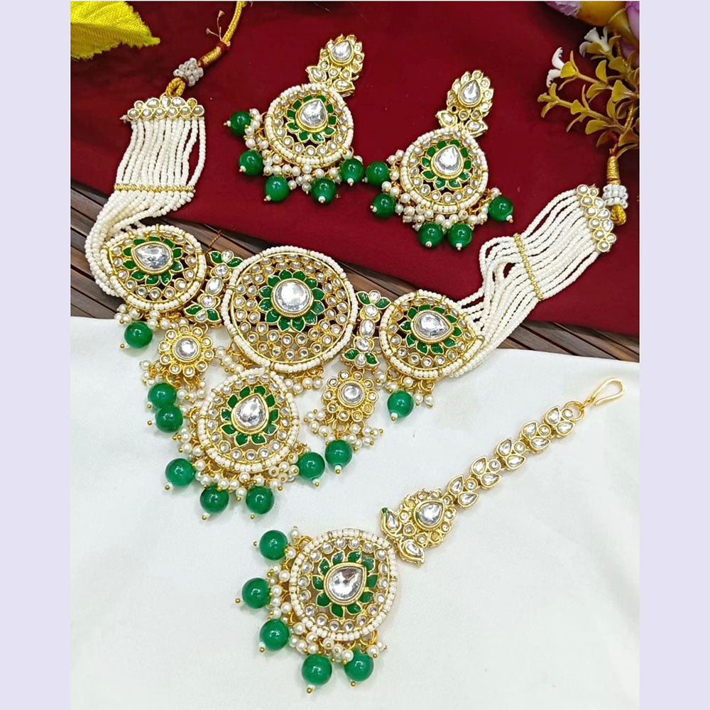 Sai Fashion Gold Plated Kundan Stone Beads And Pearls Meenakari Necklace Set