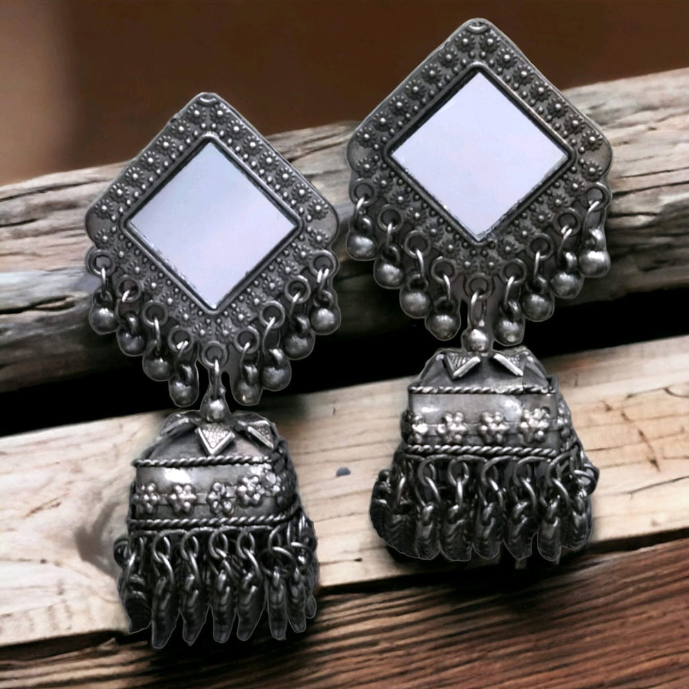 Bhavi Jewels Oxidised Plated Mirror Jhumki Earrings