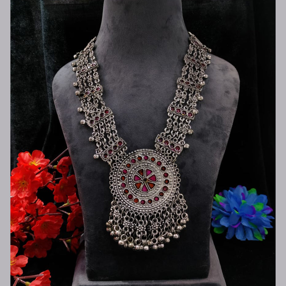 Bhavi Jewels Oxidised Plated Pota Stone Long Necklace Set