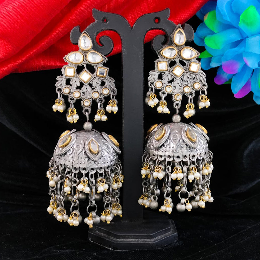 Bhavi Jewels Oxidised Plated Kundan And Pearl Jhumki Earrings