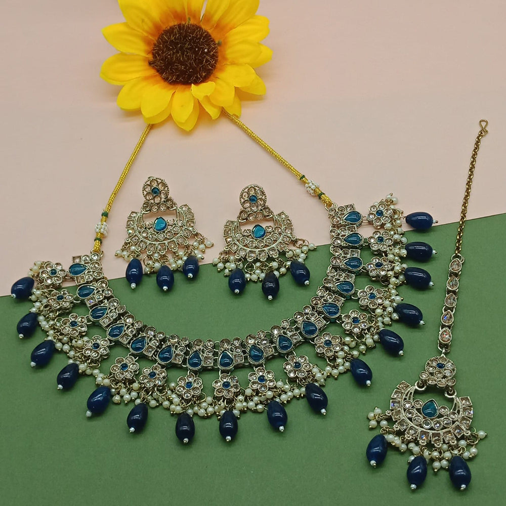 India Art Gold Plated Crystal Stone And Beads Necklace Set