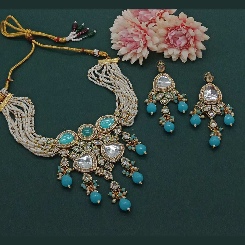 India Art Gold Plated Polki Kundan And Pearl Choker Necklace Set