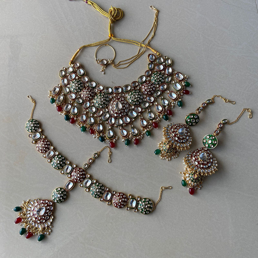 India Art Gold Plated Kundan Stone And Beads Semi Bridal Necklace set