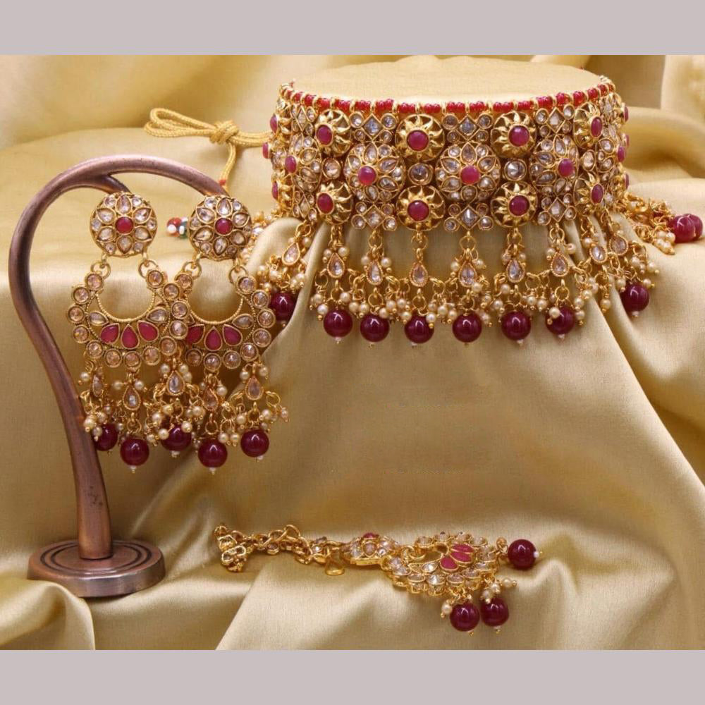 India Art Gold Plated Crystal Stone And Beads Choker Necklace Set