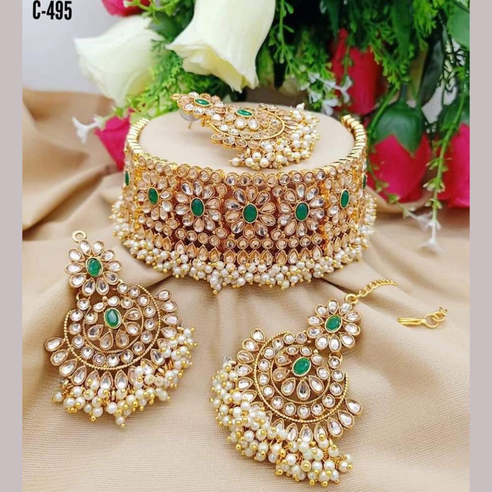 India Art Gold Plated Crystal Stone And Beads Choker Necklace Set