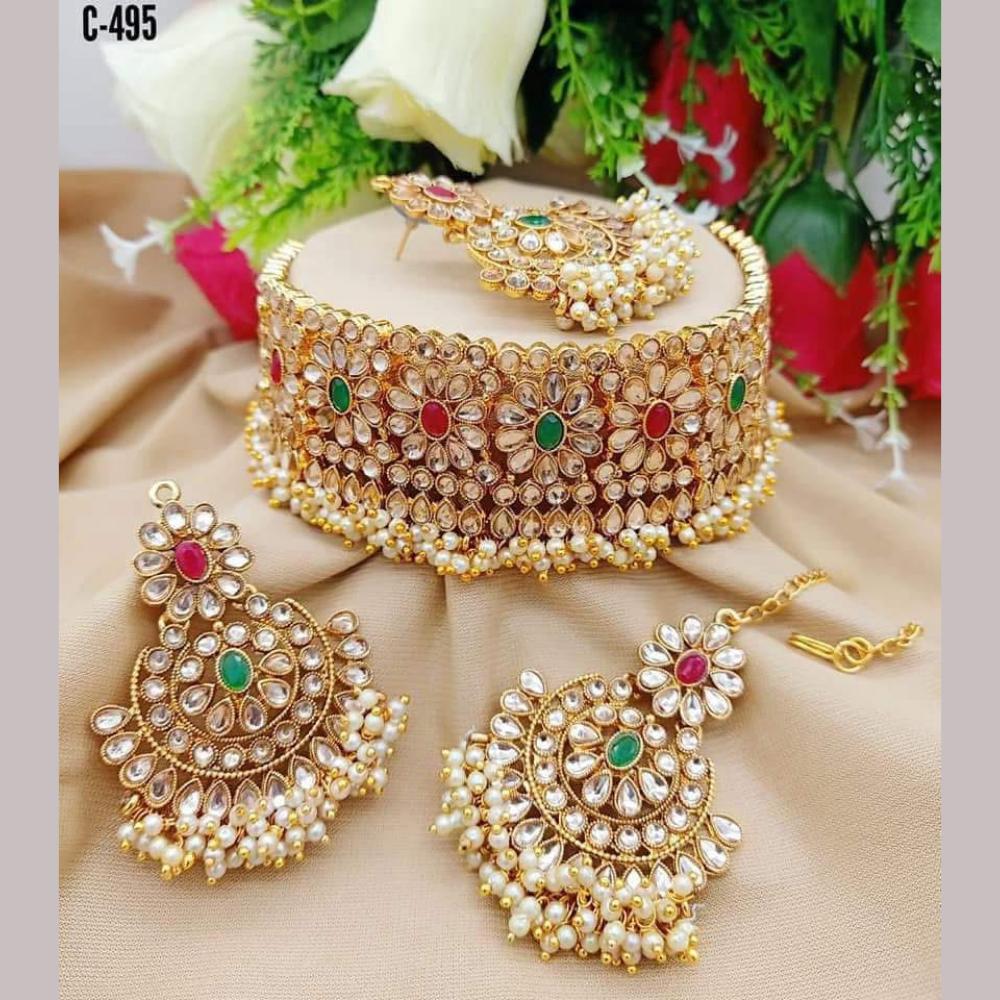 India Art Gold Plated Crystal Stone And Beads Choker Necklace Set