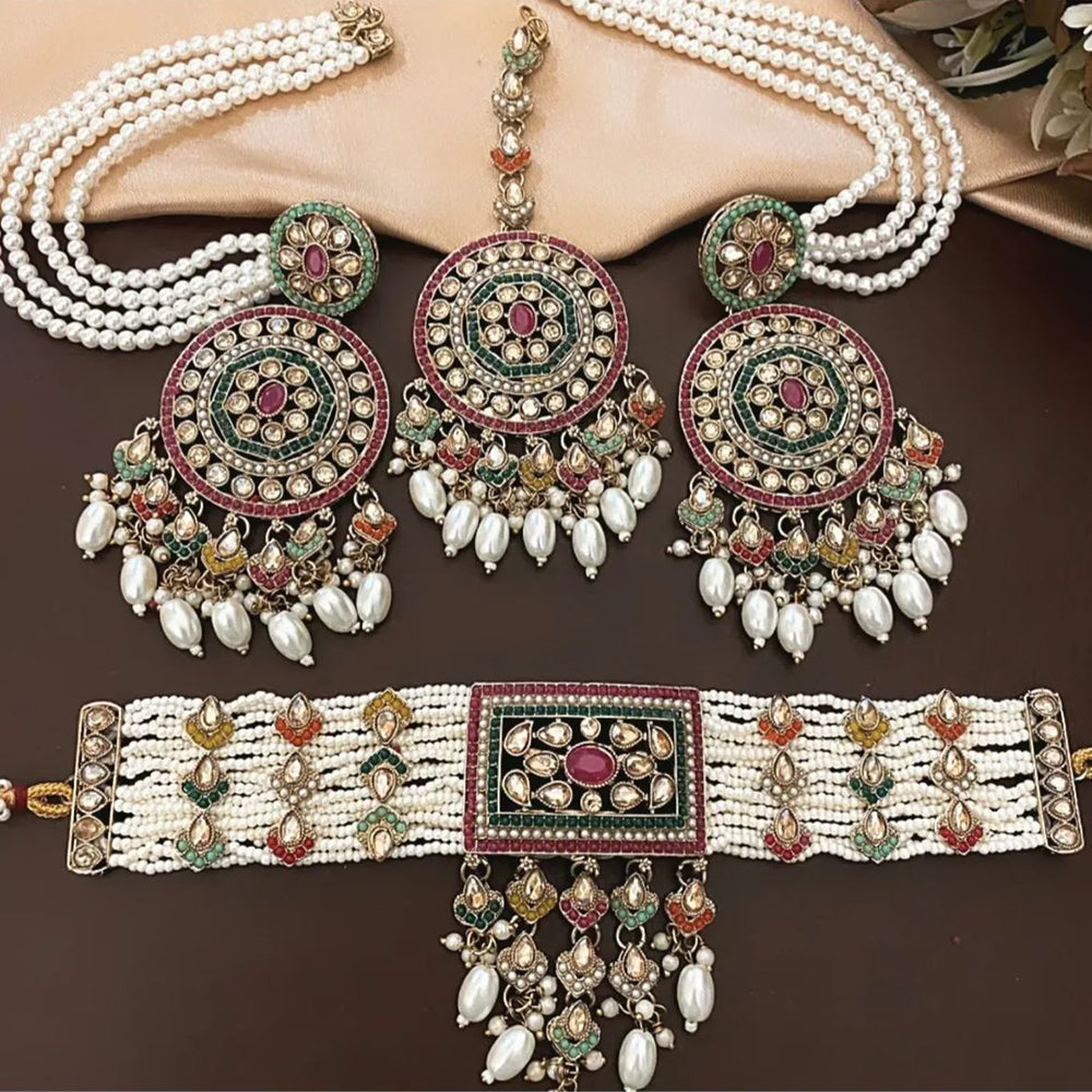 India Art Gold Plated Kundan And Beads Jhumki Kanchain Earrings