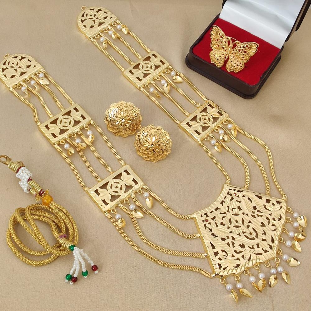 FS Collection Gold Plated Pearl Necklace Set With Ring