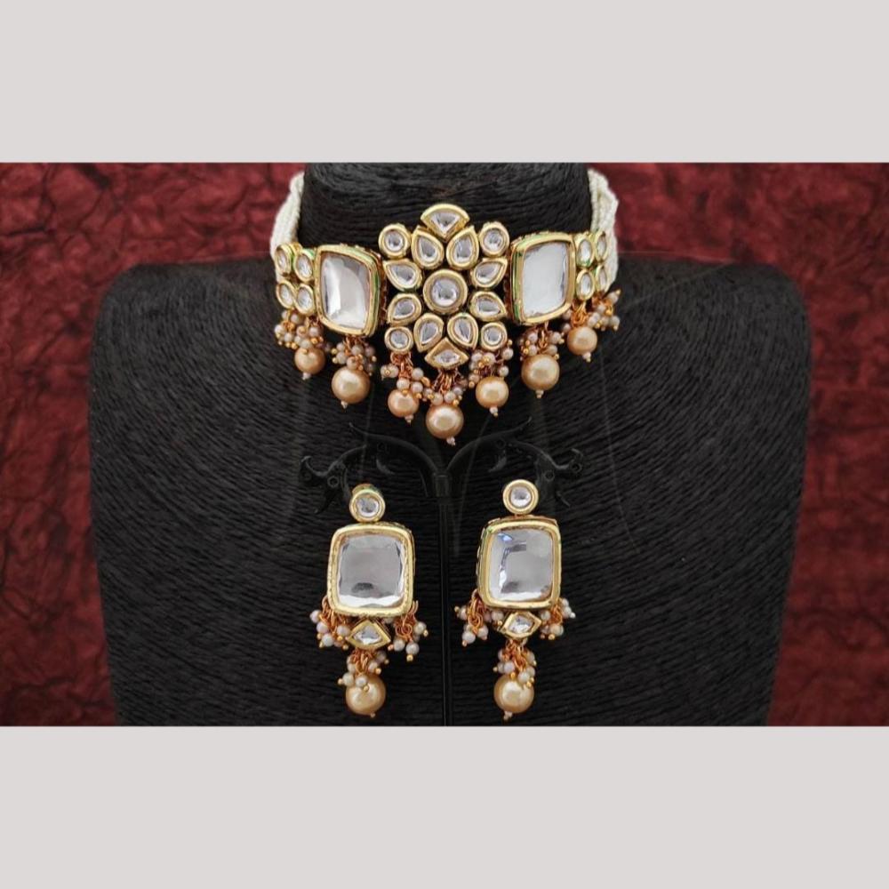 FS Collection Royal Gold Plated Kundan & Pearl Choker Necklace Set