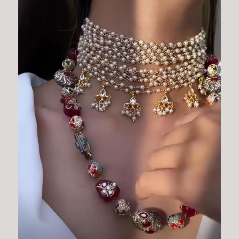FS Collection Gold Finish Pearl Double Layer Necklace Set