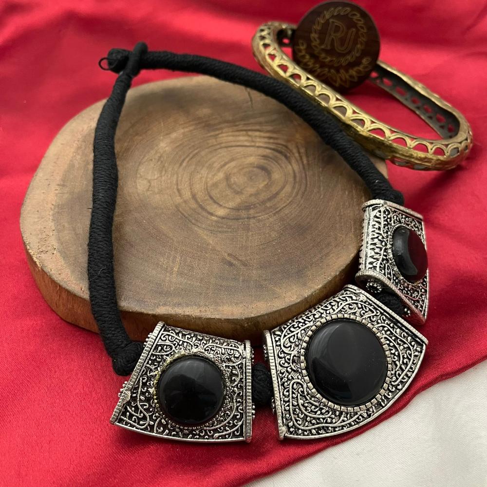 FS Collection Oxidised Plated Pota Stone Necklace Set