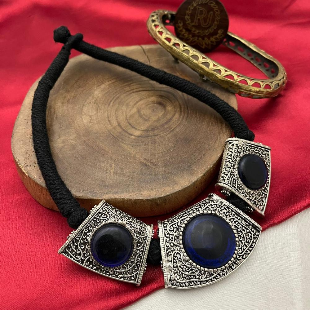 FS Collection Oxidised Plated Pota Stone Necklace Set