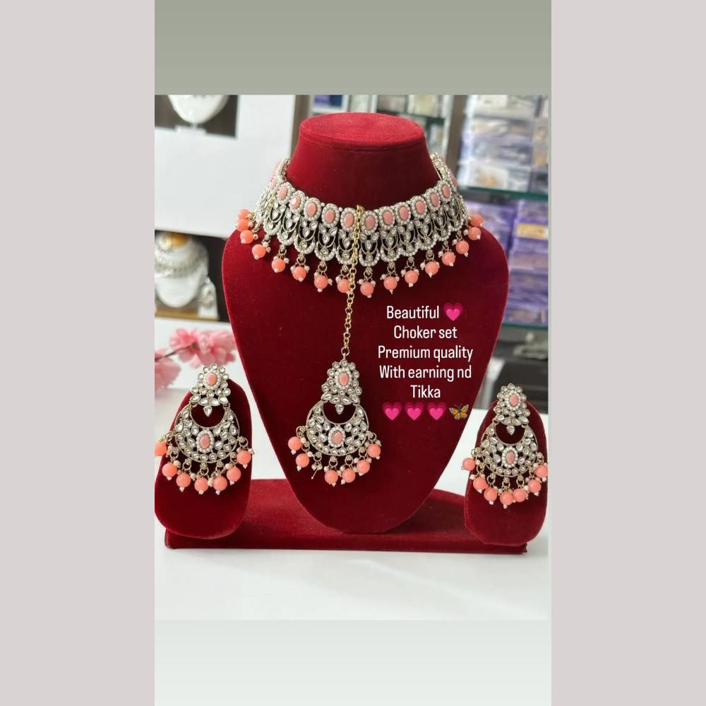 FS Collection Gold Plated Pota Stone And Beads Choker Necklace Set