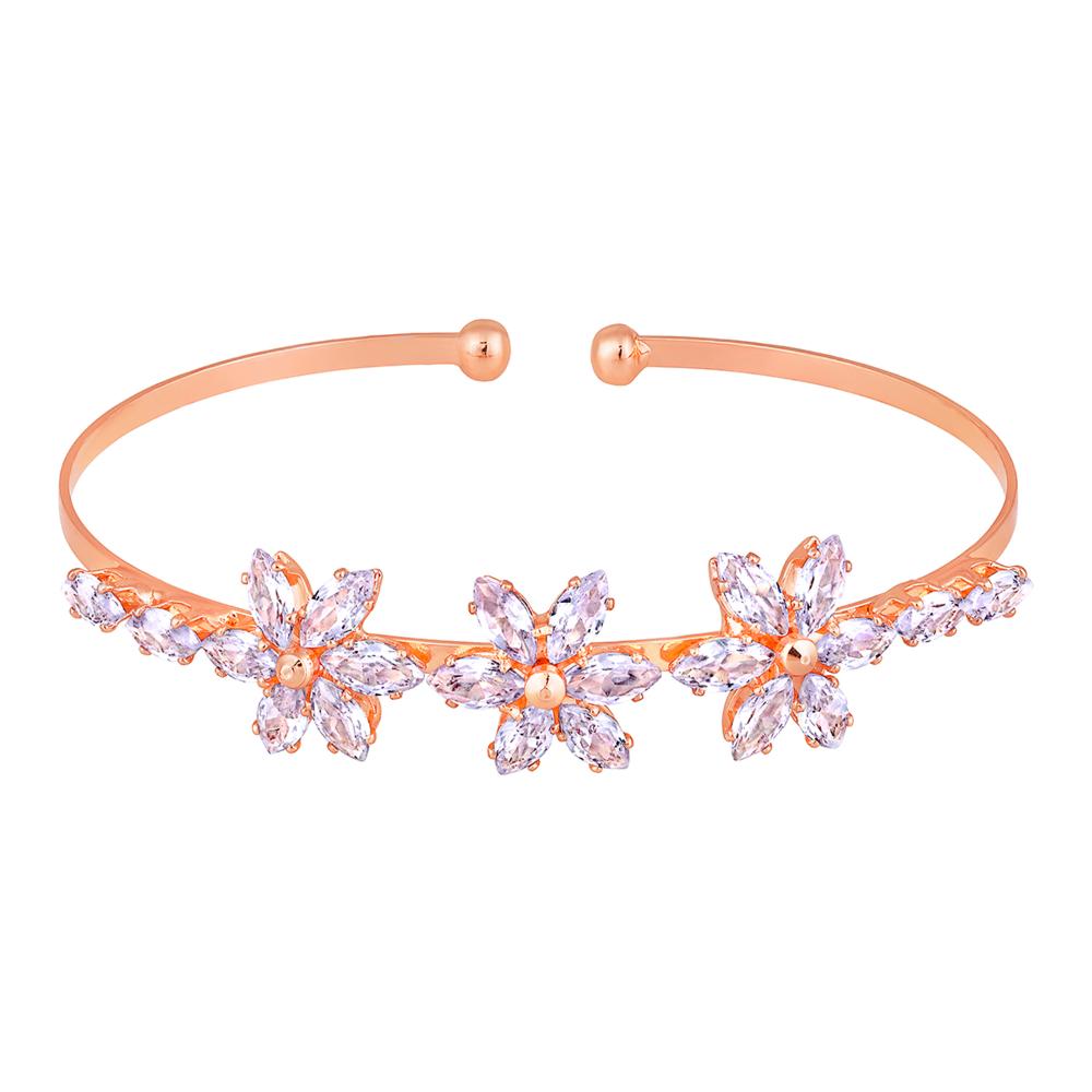 Mahi Rosegold Plated Floral Design CZ Studded Adjustable Kada