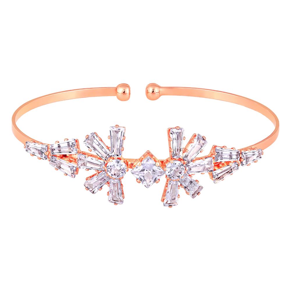 Mahi Rosegold Plated Floral Design CZ Studded Adjustable Kada