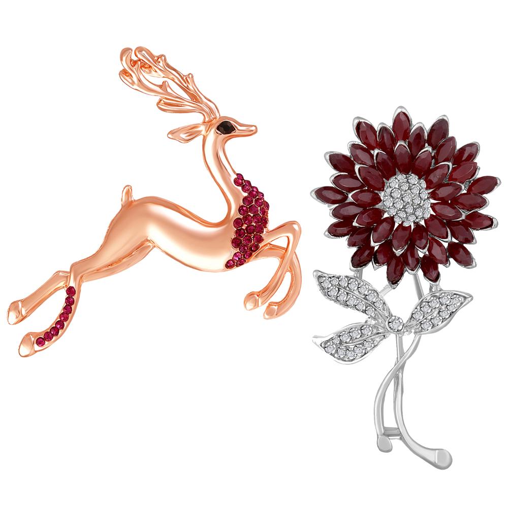 Mahi Combo of Brown and white Crystals Floral, Deer-Shaped Wedding Brooch for Women