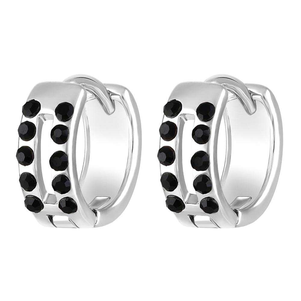 Mahi Double Line Black Crystals Hoop Bali Piercing Mens Earrings