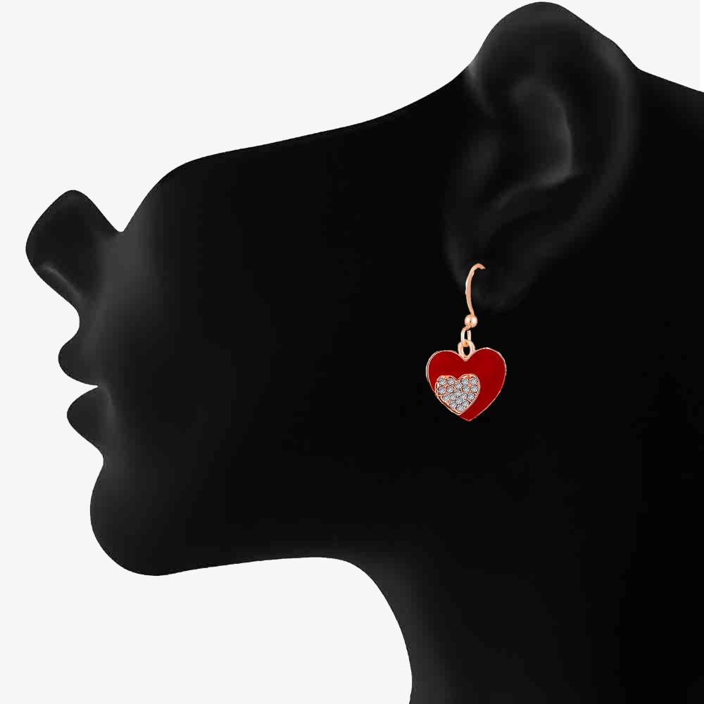 Mahi Red Meenakari Work and Crystals Dual Heart Earrings