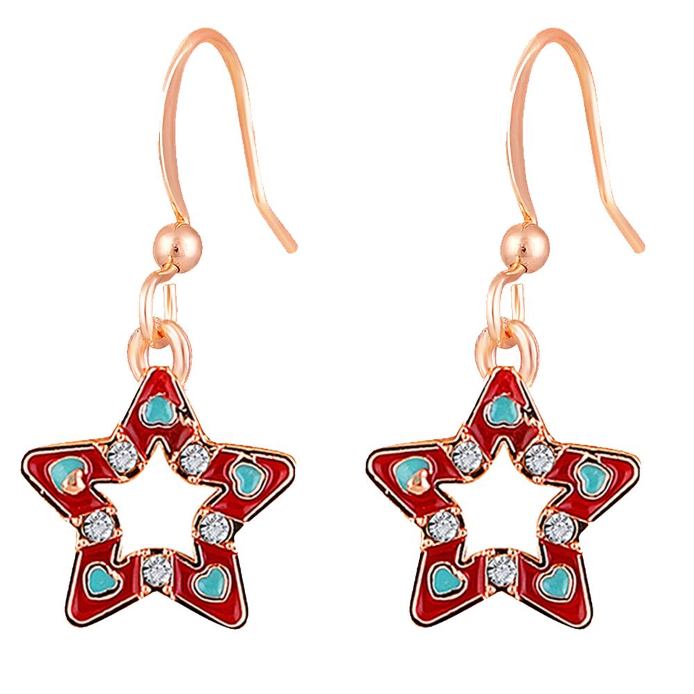 Mahi Plated Red Meenakari Work and Crystals Star Earrings