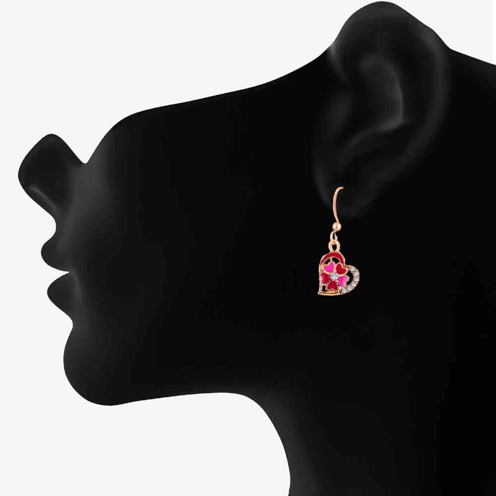 Mahi Red and Pink Meenakari Work and Crystals Floral Heart Earrings