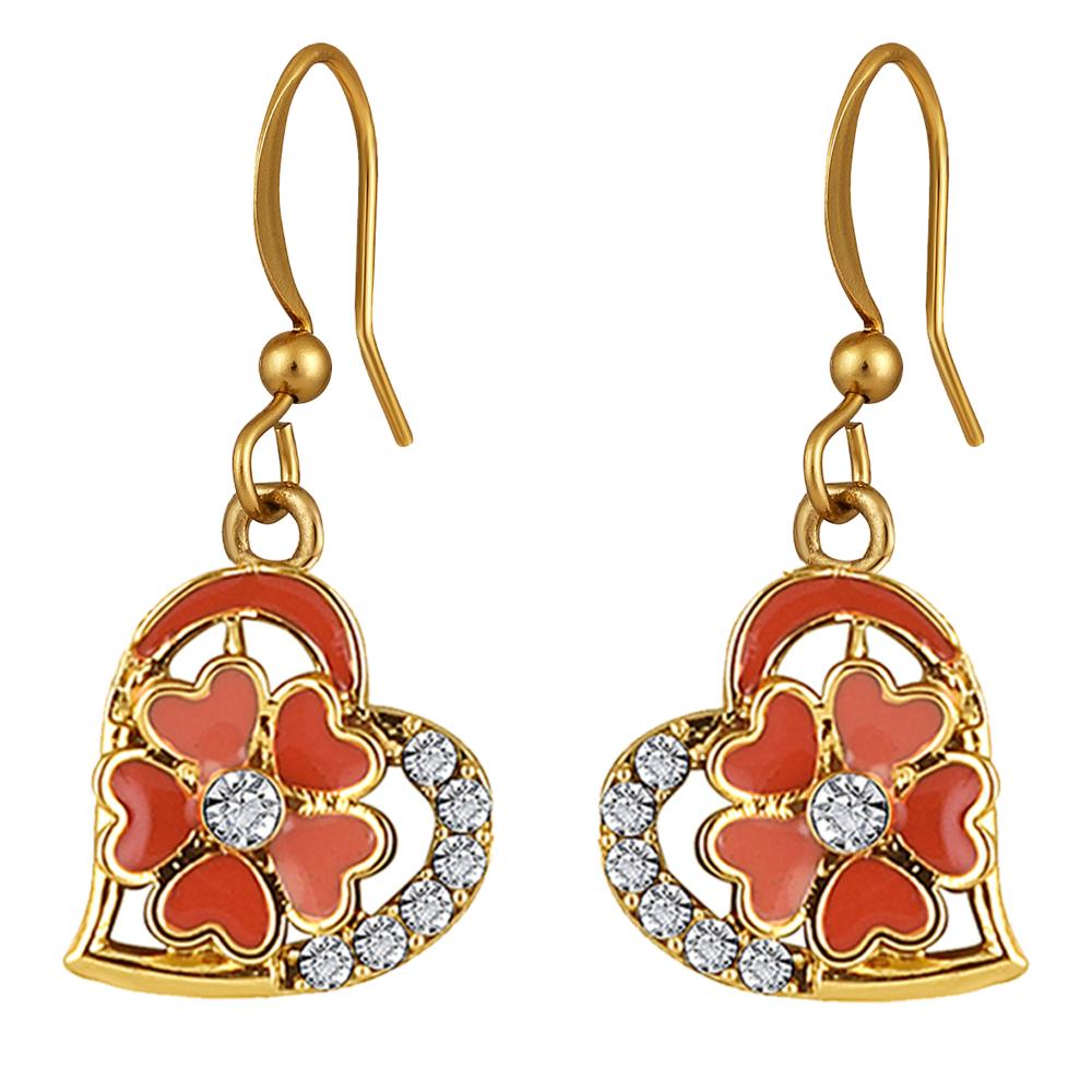 Mahi Orange Meenakari Work and Crystals Floral Heart Earrings