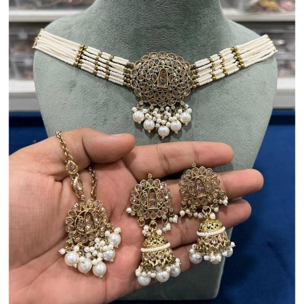 Hira Collection Crystal  Stone Necklace Set With Maang Tikka