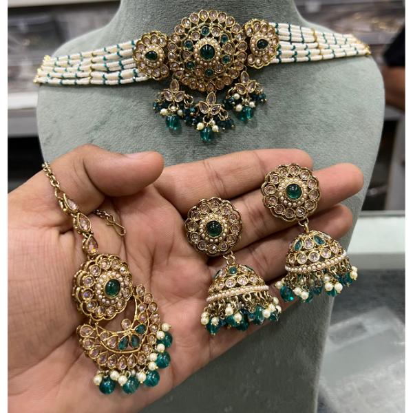 Hira Collection Crystal  Stone Necklace Set With Maang Tikka