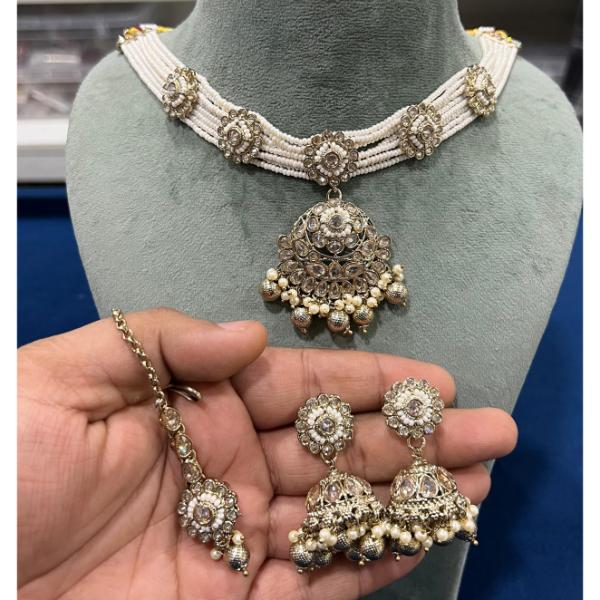 Hira Collection Crystal  Stone Necklace Set With Maang Tikka