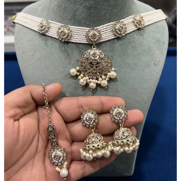 Hira Collection Crystal  Stone Necklace Set With Maang Tikka