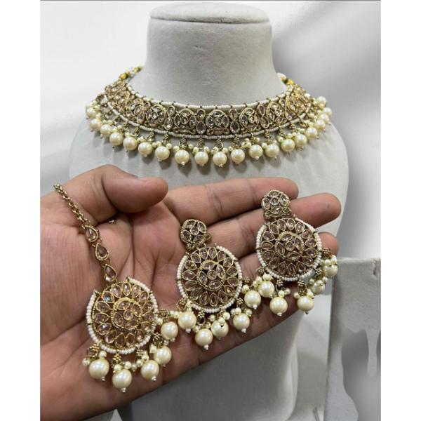 Hira Collection Crystal Stone Necklace Set With Maang Tikka