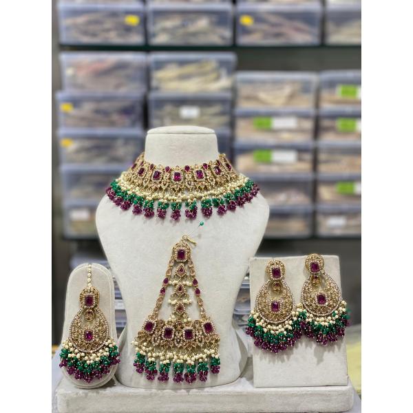 Hira Collection Crystal Stone Necklace Set With Maang Tikka