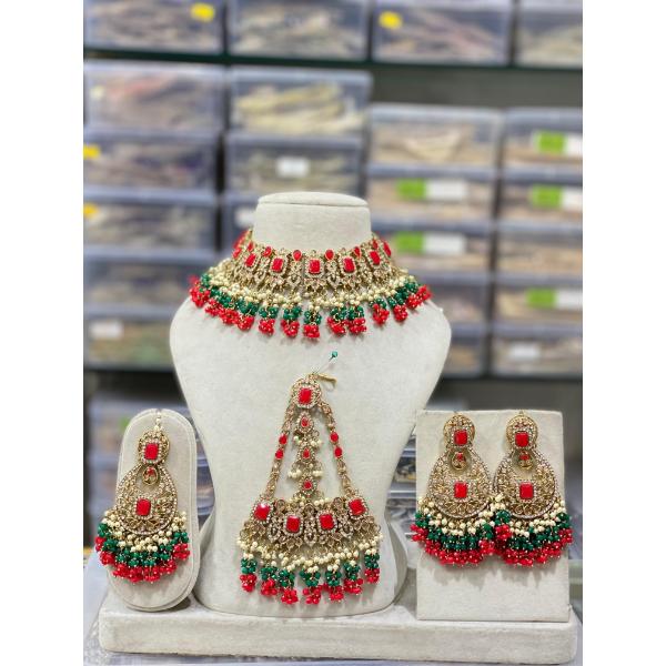 Hira Collection Crystal Stone Necklace Set With Maang Tikka