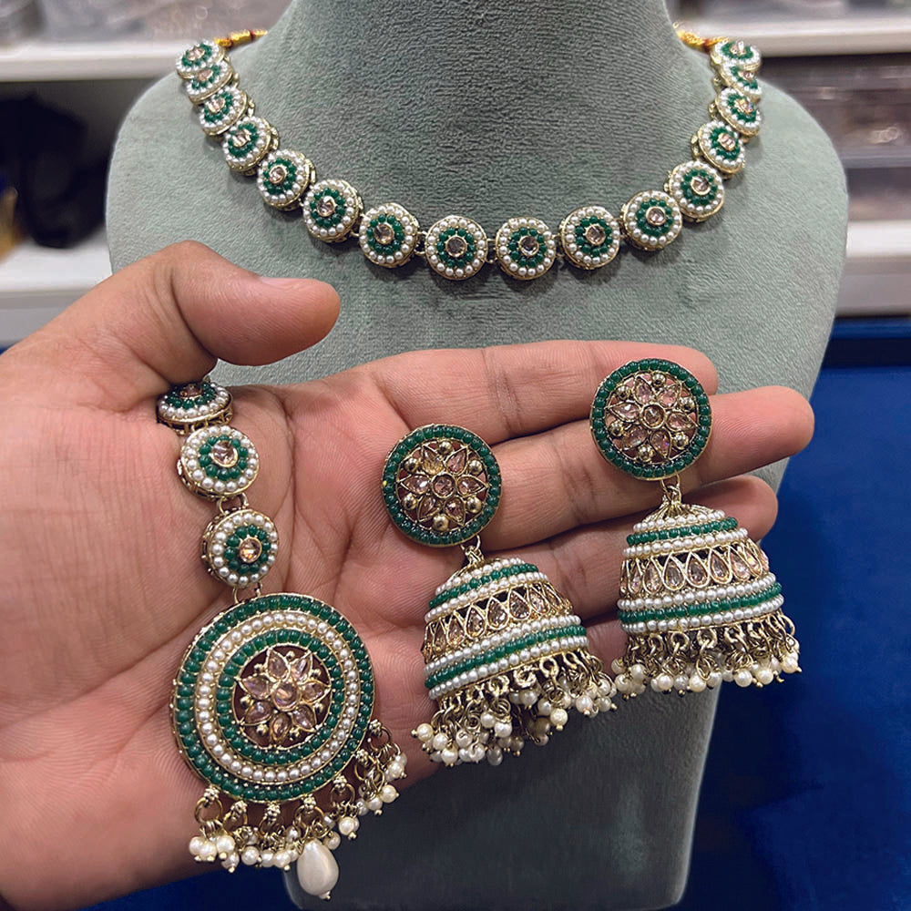 Hira Collection Pota Stone Necklace Set With Maang Tikka