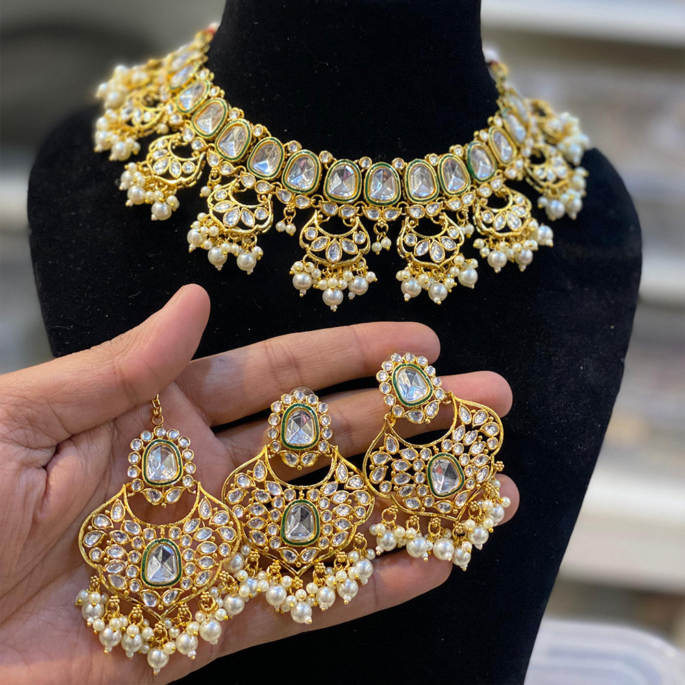 Hira Collection Kundan Stone Necklace Set With Maang Tikka