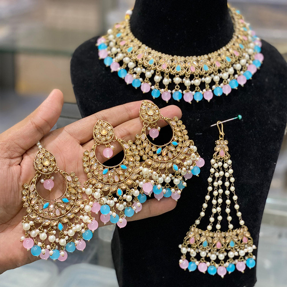 Hira Collection Crystal Stone Necklace Set With Maang Tikka