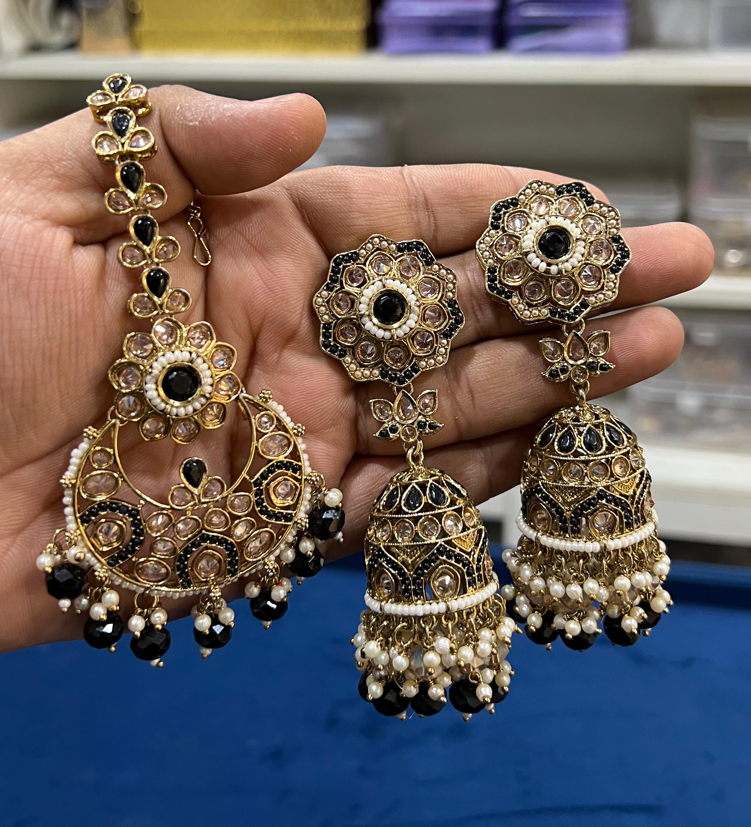 Hira Collection Crystal Stone Dangler Earrings With Maang Tikka