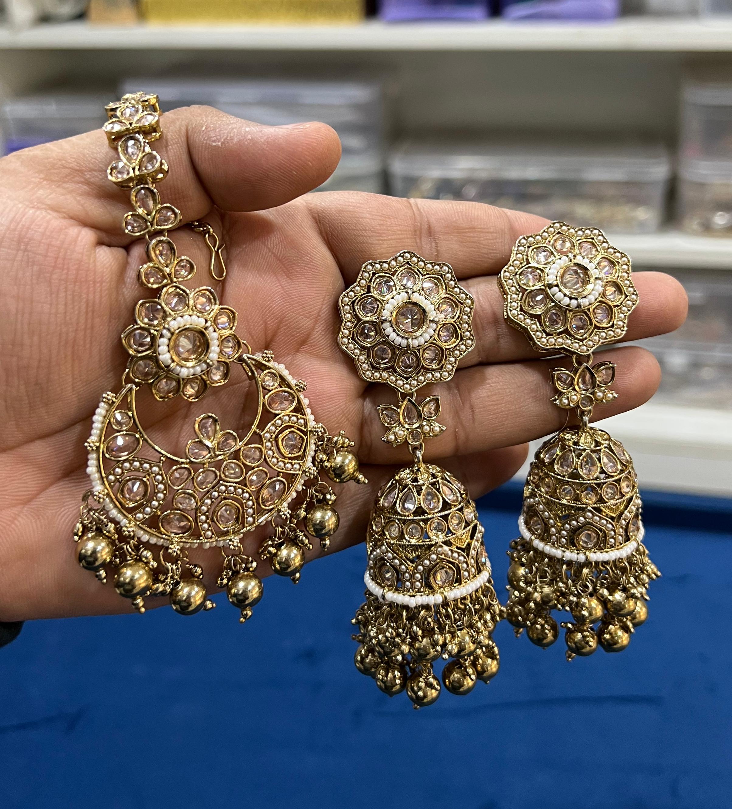 Hira Collection Crystal Stone Dangler Earrings With Maang Tikka