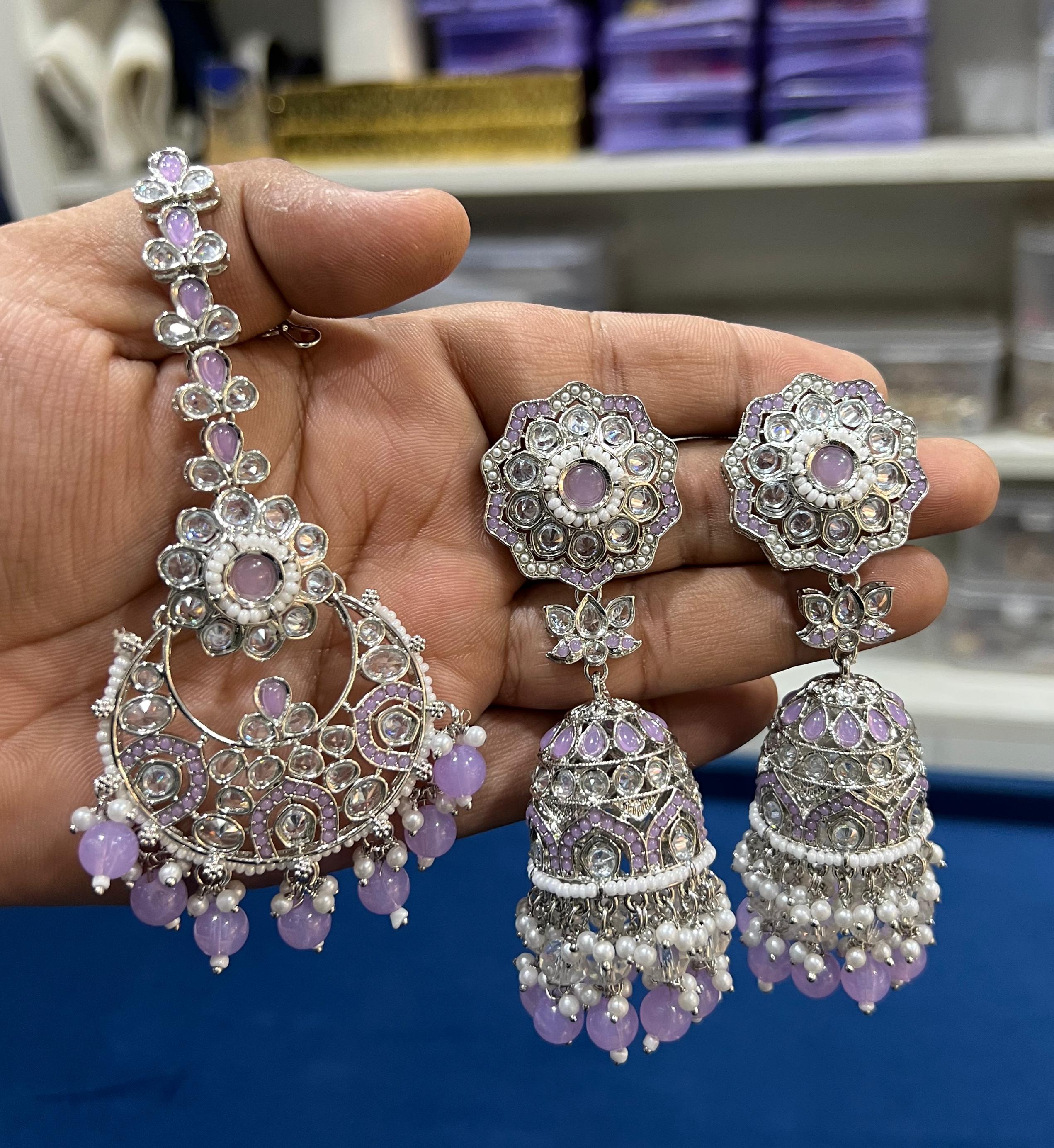 Hira Collection Crystal Stone Dangler Earrings With Maang Tikka