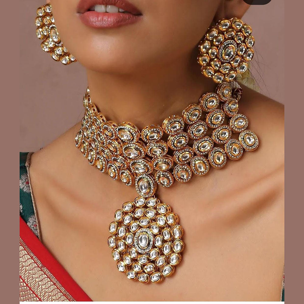 FS Collection Gold Plated Kundan Stone Necklace Set