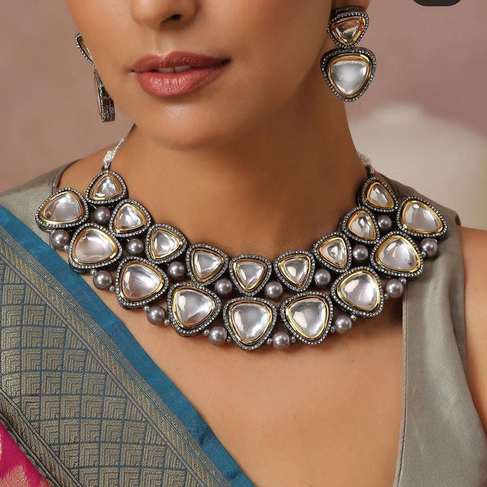 FS Collection Silver Plated Kundan Stone Necklace Set