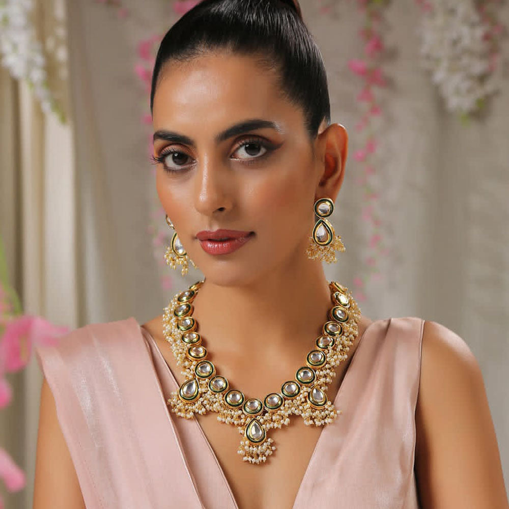 FS Collection Gold Plated Kundan Stone Necklace Set