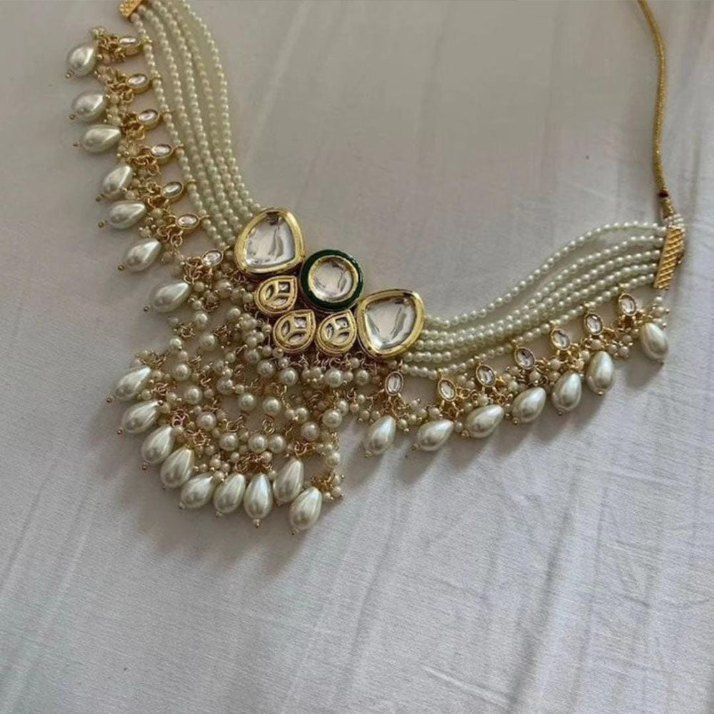 FS Collection Kundan Stone & Pearl Gold Necklace Set