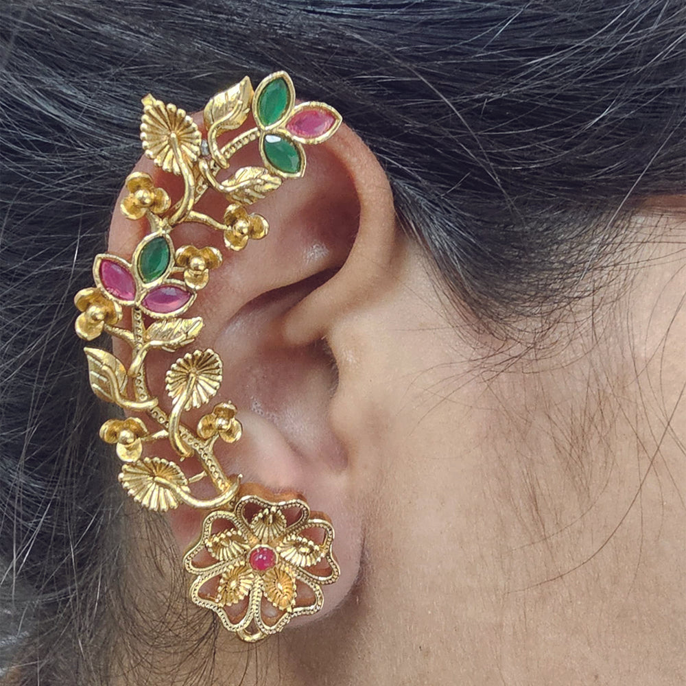 Wearhouse Fashion Gold Plated Pink & Green Kundan Stone Ear Cuff