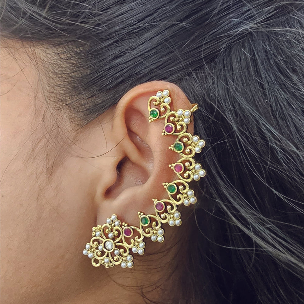 Wearhouse Fashion Gold Plated Pink & Green Austrian Stone Ear Cuff