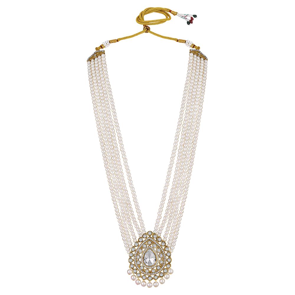 Mahi White Crystals and Artificial Beads Sherwani Multiplayer Moti Dulha Mala Haar Necklace