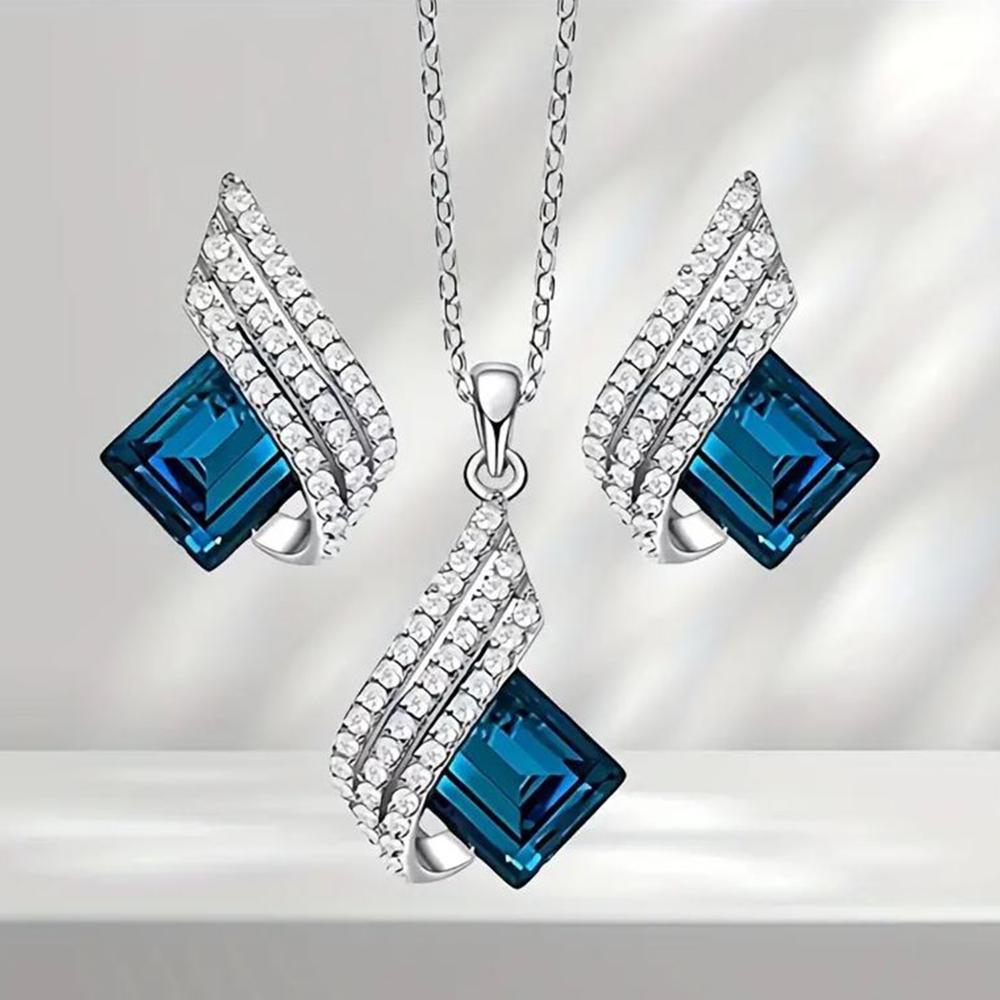 Mahi Angel Wings Shaped Montana Blue and White Crystal Pendant Necklace Set